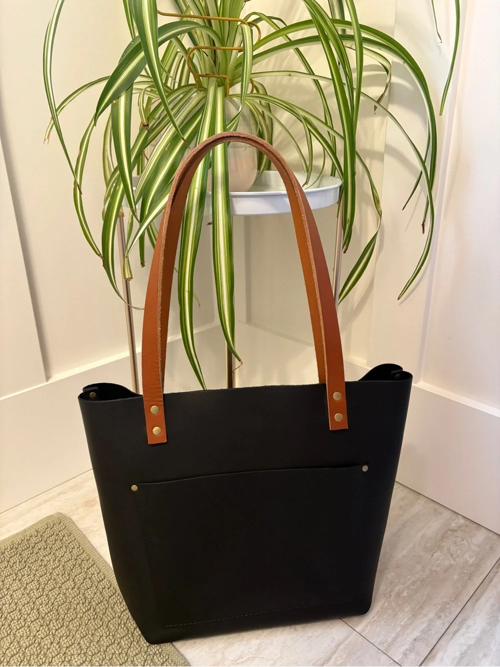 Portland Leather Black Tote with Brown Handles